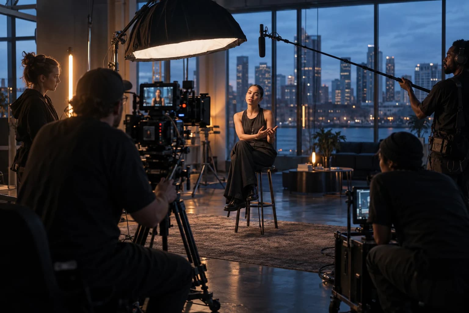 A creative production team filming an interview in a city studio